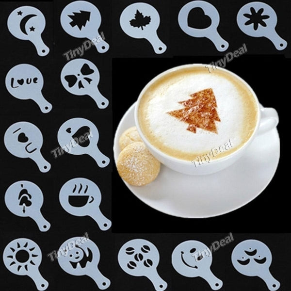 4 Set of 16Pcs Coffee Latte Art Stencils DIY Decorating Cake Cappuccino Foam Tool Pull Flower Printing Model Mold Dessert Spray