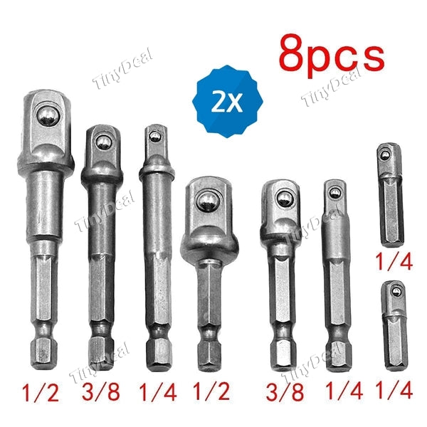 2 Set of 8Pcs CRV Chrome Vanadium Steel Square Drive Socket Adapter Power Set Impact Hex Shank 1/4" Extension Drill Bits