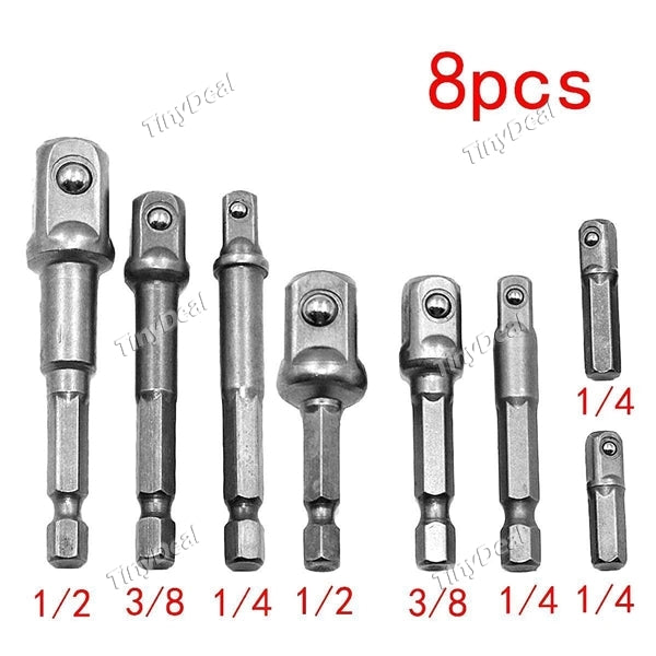 4 Set of 8Pcs CRV Chrome Vanadium Steel Square Drive Socket Adapter Power Set Impact Hex Shank 1/4" Extension Drill Bits