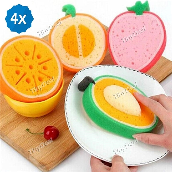 4 Set of 4Pcs Fruit Shape Dish Sponge Cute Fruit Shaped Thicken Microfiber Sponge Cloth Strong Dish Washing Cloth
