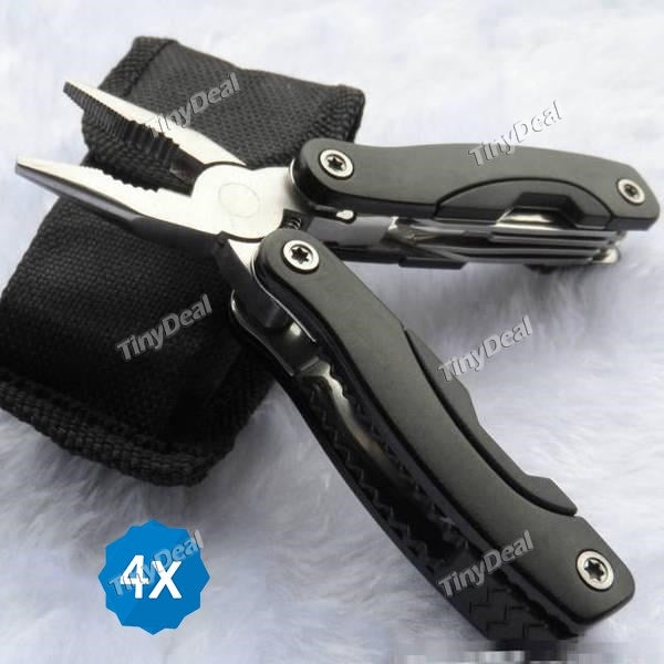 4pcs Stainless Steel Outdoor Mini Folding Multi-tool Black Trumpet Pliers with Nylon Bag