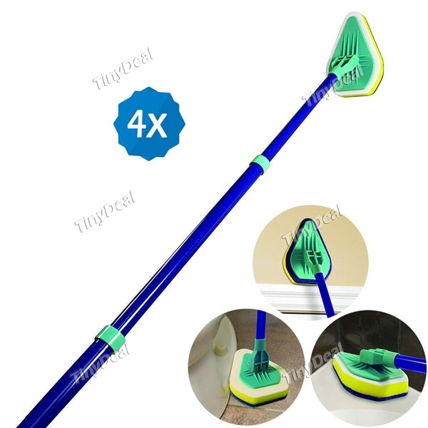 4pcs Clean Reach Triangle Sponge Mop Flat Extendable Scrubber Bathtub Cleaner Cleaning Brush With Stainless Steel Handle