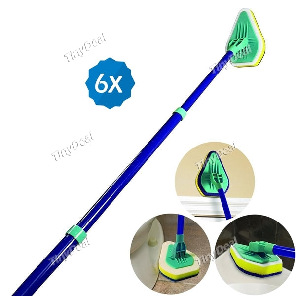 6pcs Clean Reach Triangle Sponge Mop Flat Extendable Scrubber Bathtub Cleaner Cleaning Brush With Stainless Steel Handle