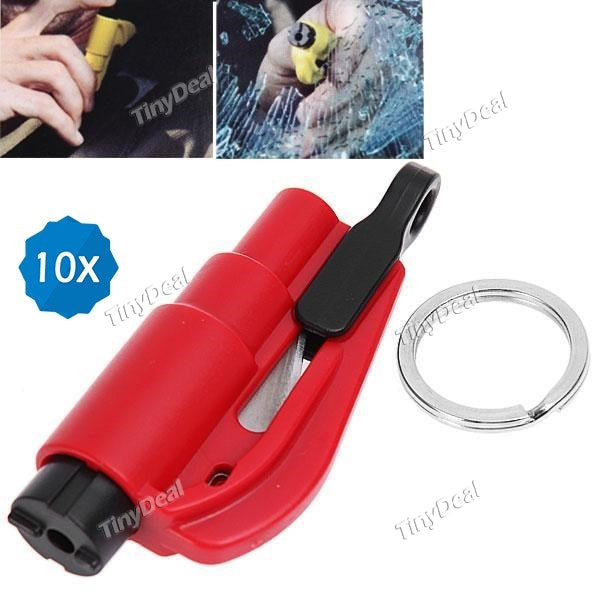 10pcs 2-in-1 Car SOS Seat Belt Cutter + Emergency Life-Saving Hammer Keychain - Color Assorted