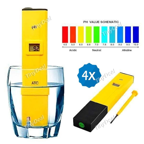 4pcs High Accuracy ±0.1pH 0.6" LCD Mini Digital Pen Style pH Meter Aquarium Pool Water Digital Tester Set