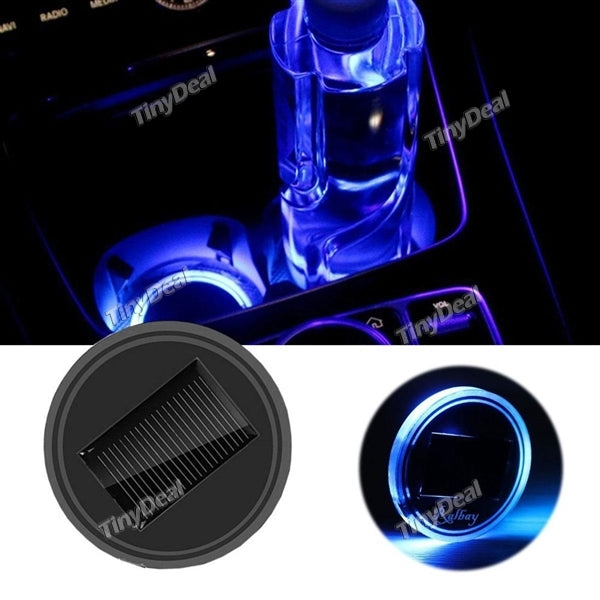 2pcs Solar Energy LED Light Cup Holder Bottom Sensor Pad Mat Interior Decoration for All Cars