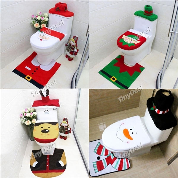 3-in-1 Christmas Decorations Santa Claus Elf Snowman Reindeer Toilet Seat Cover Bathroom Mat and Rug Set