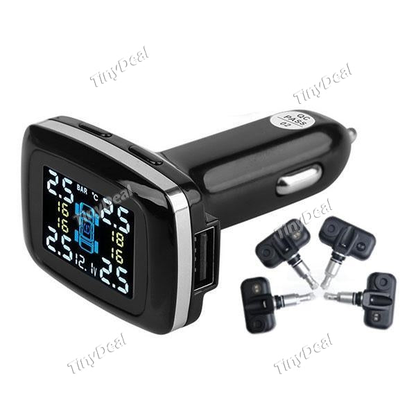 Tire Pressure Monitor System Wireless TPMS with 4 Internal Sensors Cigarette Lighter Plug LCD Display