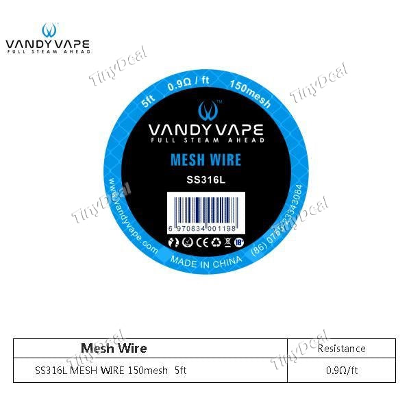 Authentic 5 Feet Vandy Vape Kanthal SS316L Mesh Wire 150 mesh 0.9ohm/Feet