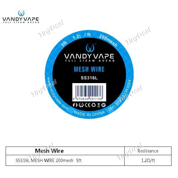 Authentic 5 Feet Vandy Vape Kanthal SS316L Mesh Wire 200 mesh 1.2ohm/Feet