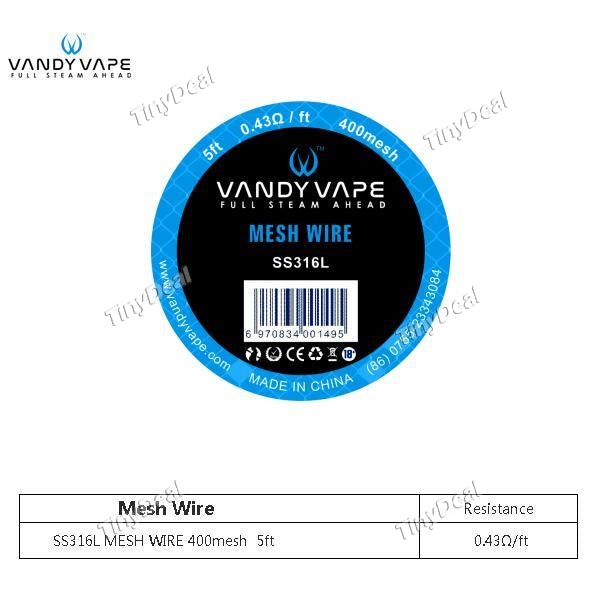 Authentic 5 Feet Vandy Vape Kanthal SS316L Mesh Wire 400 mesh 0.43ohm/Feet