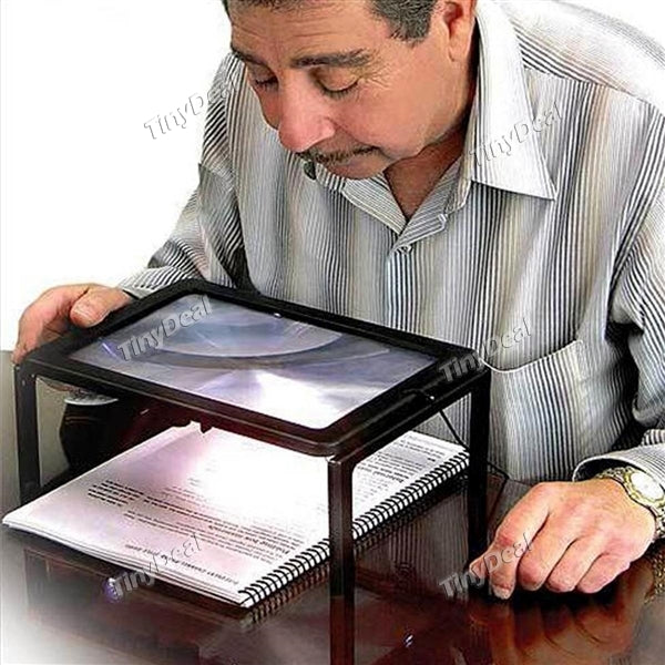 A4 Full Page Large 3X Giant Hands Free Desk Foldable Magnifying Glass Magnifier for Read/Sew with 4 LED Light