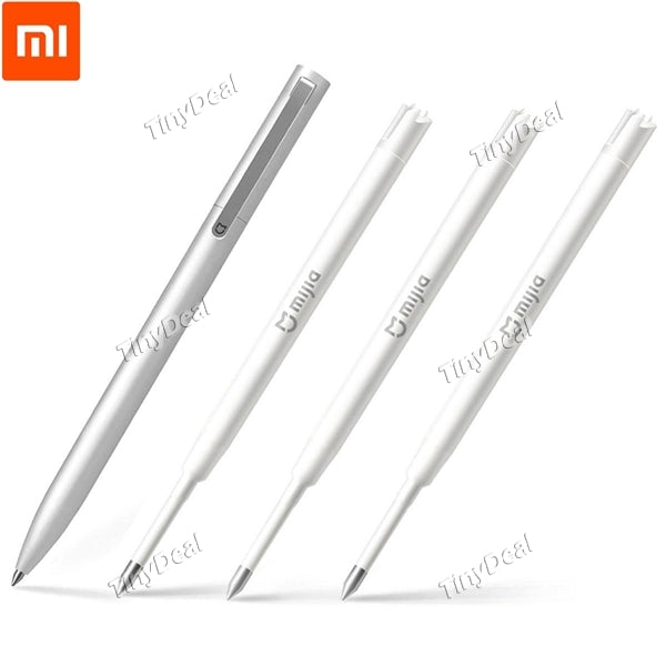 Upgrade Metal Version XIAOMI MIJIA Sign Pen Roller Pen Silver + 3Pcs Original Xiaomi Metal Sign Pen Refill 0.5mm with Black Ink