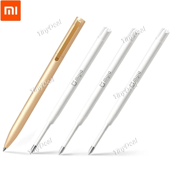 Upgrade Metal Version XIAOMI MIJIA Sign Pen Roller Pen Golden + 3Pcs Original Xiaomi Metal Sign Pen Refill 0.5mm with Black Ink