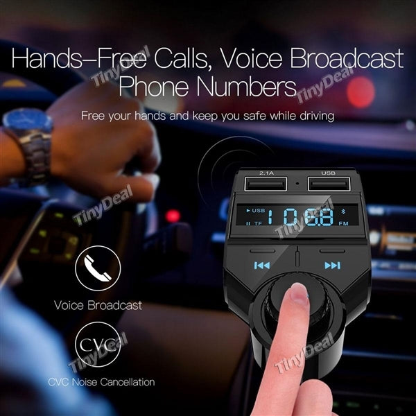 Car Cigarette Lighter Bluetooth Card MP3 Player FM Transmitter Car Charger Speakerphone w 2.1A Dual USB Ports