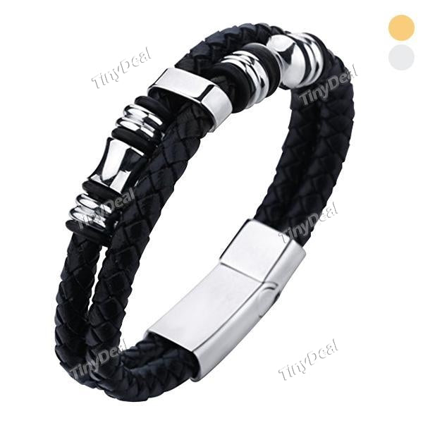 Men Leather Braided Bracelet Double Rope Wrap Bangle Vintage Stainless Steel Wrist Band