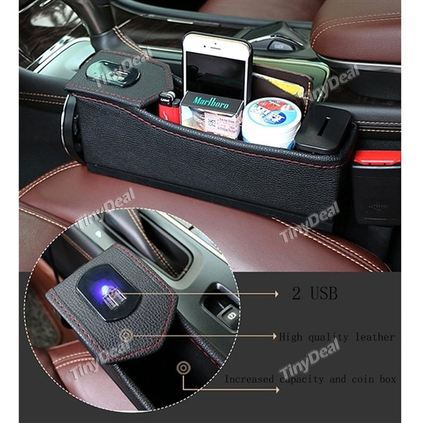 Console Side Pocket Leather Car Seat Gap Catcher with 2 USB Charging Ports Coin Organizer and Cup Holder