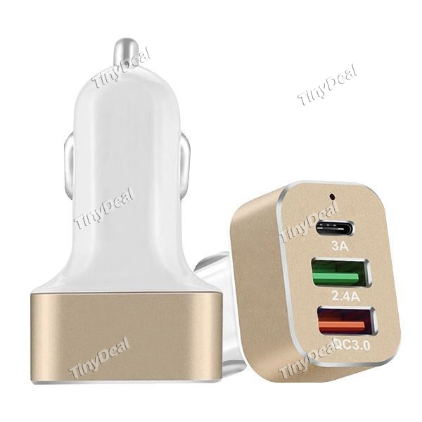 High-Speed USB Car Charger Type-C & Quick Charge 3.0 USB Charger for Tablets and Smartphones Gold