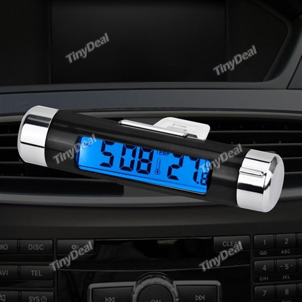 Newest Multifunctional Car Air Vent Clip-on Digital Thermometer Clock Calendar Blue LCD Backlit with Clip