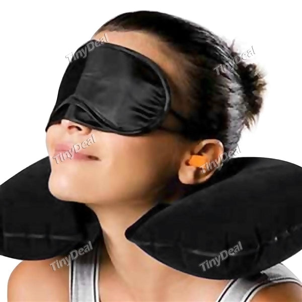 3 Travelling Essentials Pack Flocking Inflatable Pillow + Goggles + Earplugs for Sleeping Resting Snoozing