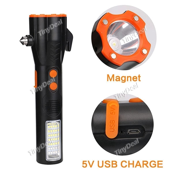 Multifunctional 4 in 1 LED Flashlight w Car Safety Emergency Escape Hammer Magnet Life Saving Tool f Camping