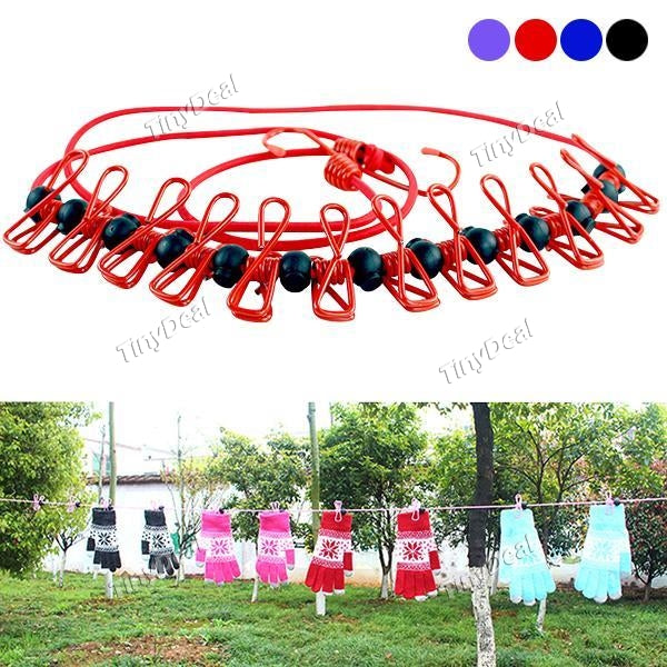 Portable Travel Clothesline Adjustable Laundry Windproof Clothes Rope Line with 12pcs Clothespins