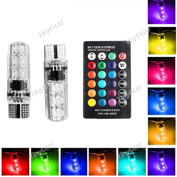 2Pcs T10 12V LED SMD 5050 Auto Car RGB LED Interior Dome Wedge Reading Light Strobe Lamp Bulb with Remote Control