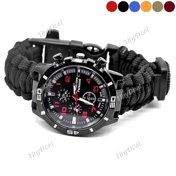 16 in 1 Multifunctional Survival Bracelet Watch Paracord Fire Starter Compass Thermometer Whistle Fishing Outdoor Camping Kit