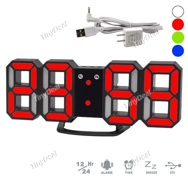 White Modern 8 Shape LED Digital Alarm Clock Wall Clock Digital 3D Clock 24 or 12 Hour Display Clock Table Desktop Clock