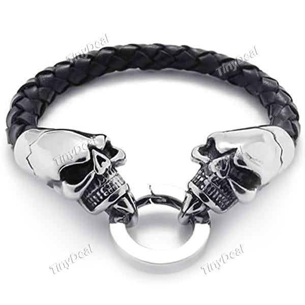 Men Stainless Steel Bracelets Braided PU Leather Bracelet Bangle Biker Punk Skull Head Wristband Fashion Jewelry