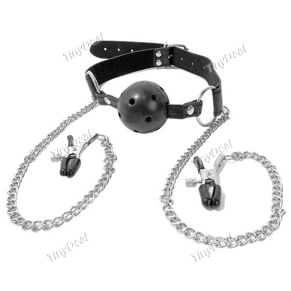 Ball Gag Black Breathable with Chained Nipple Clamps Adjustable Pressure for Couple Adults BDSM Game
