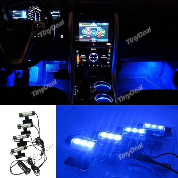 4 in 1 Interior Car Decorative Light 3-LED Blue Atmosphere Lights Interior Lights Foot Lamps
