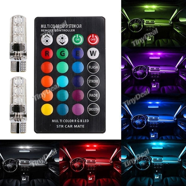 2x T10 Silicone 6SMD 5050 RGBW LED Bulbs Car Decoration Lights with Remote 12V