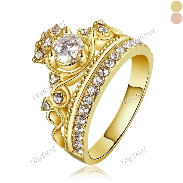 New Design Gold Plated Inlay Zircon Crown Ring Finger Ring for Women Queen Princess Fashion Jewelry