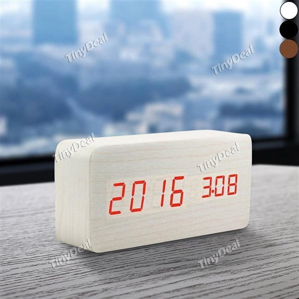 Wood Digital Desktop Alarm Clock LED Sound Controlled Travel Clock with Temperature Time & Date Display