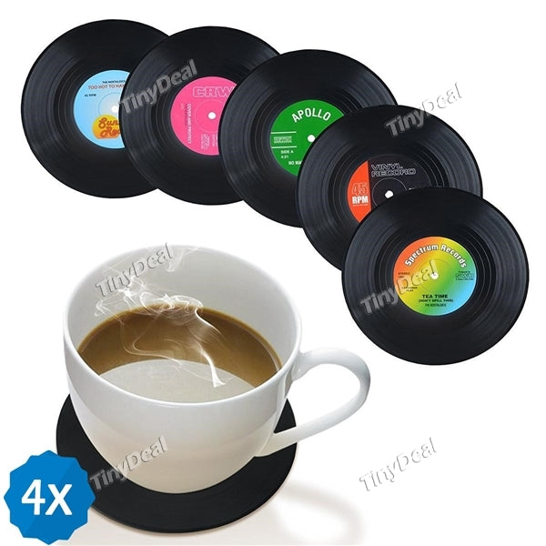4x 6pcs Drink Coaster Set with Gift Box Vinyl Record Retro Music Coasters Rubber Black Cup Mat