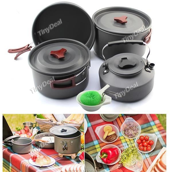 Hard Anodized Aluminum Camping Picnic Cooking Ware Cookware Pot Pan Kettle Bowls Set for 4-5 Persons