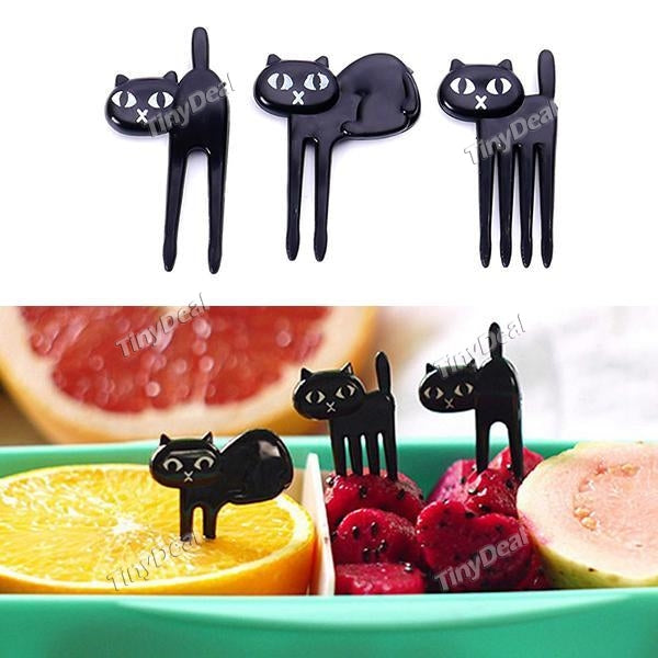 6PCS Cute Mini Black Cat Fruit Forks Food Picks Kitten Fruit Decoration Cartoon Cat Children Fork