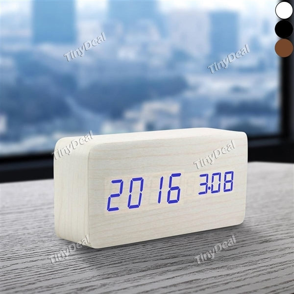 Wooden Digital Alarm Clock, Fashion Multi-function LED Alarm Clock with USB Power Supply, Voice Control, Timer, Thermometer