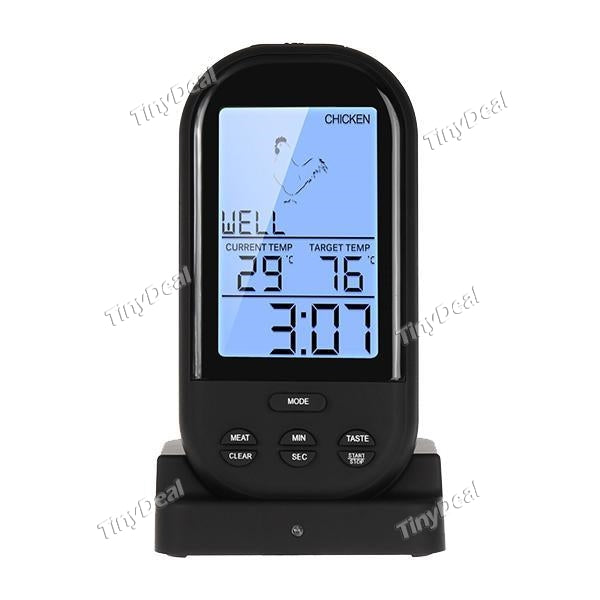 Wireless Remote Meat Thermometer Timer with LCD Stainless Steel Temperature Probe for Cooking Grilling Oven BBQ