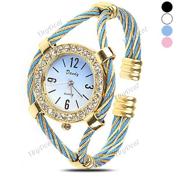 New Fashion Exquisite Bangle Bracelet Quartz Wrist Watch with Twisted Loop & Rhinestones for Women Lady Girl WWM-71777