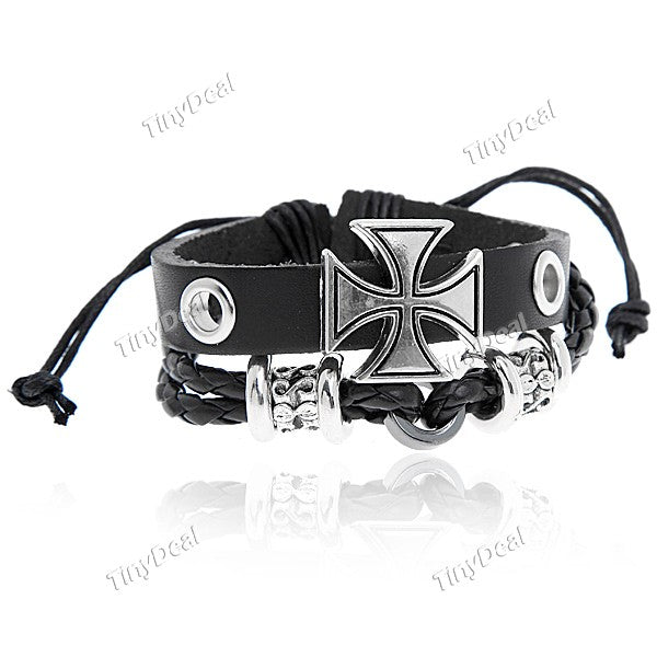 Cross Patterned Leatherette Wristlet Wrist Band Bracelet Brace Lace with Rope for Women Ladies WNL-87001